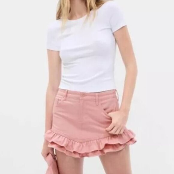 GAP x LoveShackFancy Pink Ruffled Jean Mini Skirt  SZ 12 NWT - Picture 3 of 10